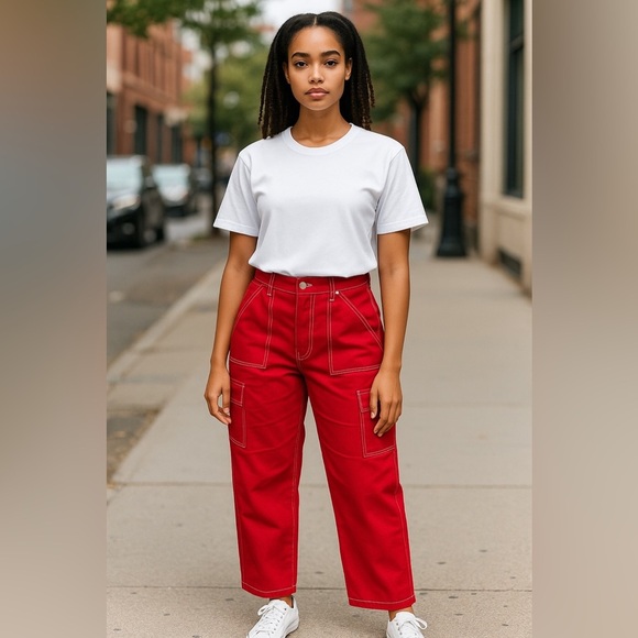 RACHEL PAIGE Y2K RED WIDE LEG RELAXED FIT CASUAL STREETWEAR CARGO PANTS SZ XL - Picture 6 of 6